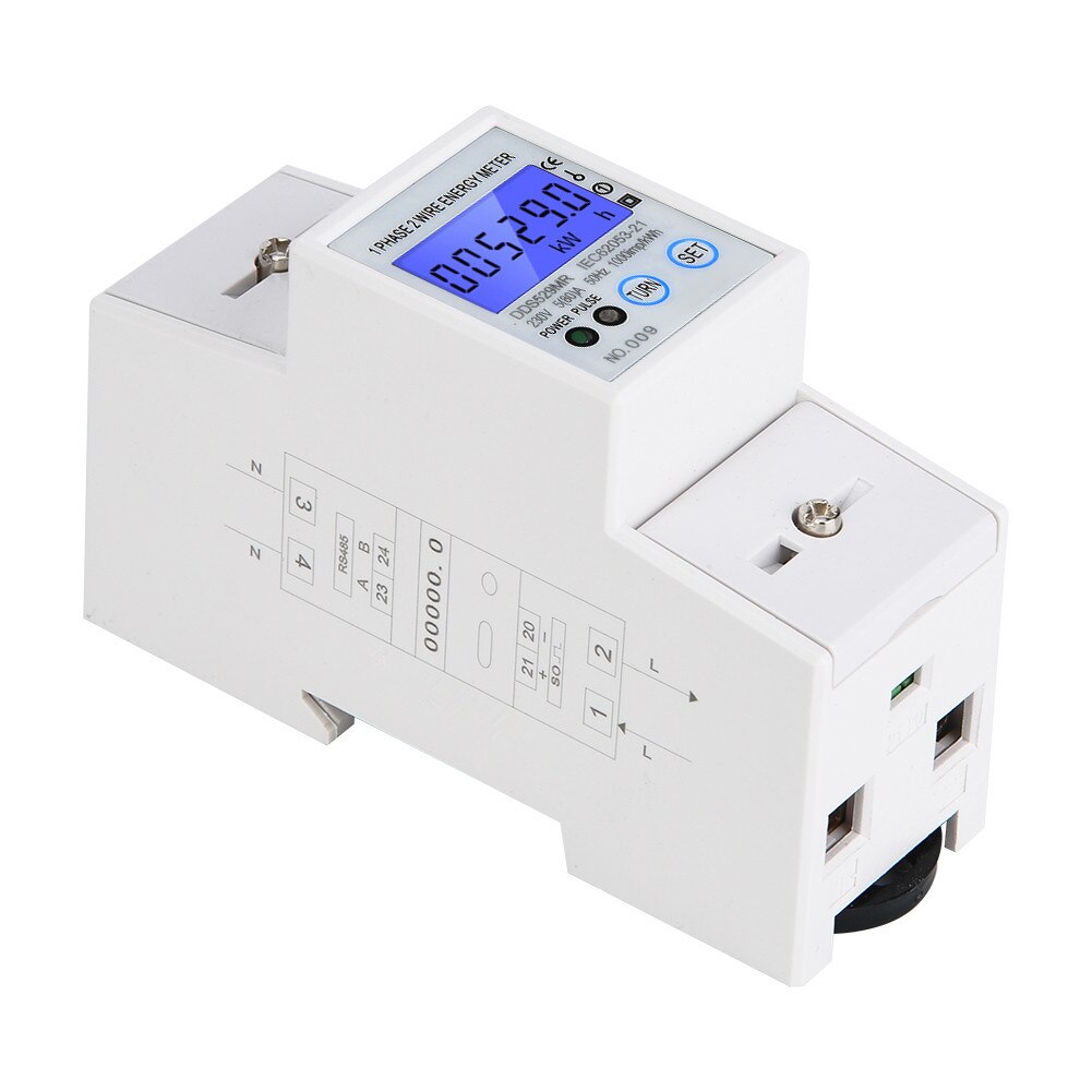 DDS529MR 1 Phase 2 Wire Electric Energy Meter LCD Digital Display 230V 2P DIN Rail Power Meter with RS485