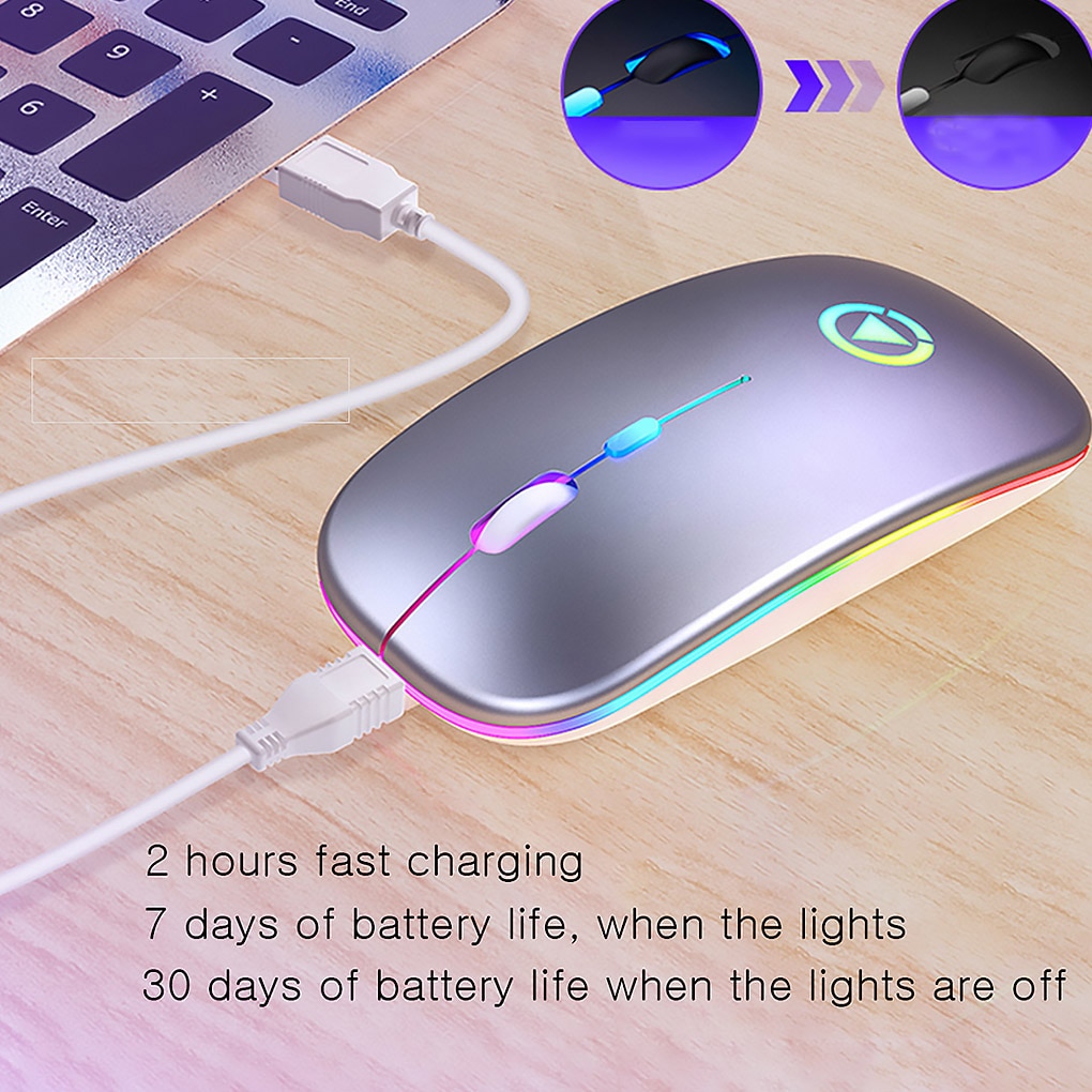 Ratón silencioso inalámbrico recargable por USB, Mouse óptico ergonómico para juegos, ordenador de escritorio y portátil, retroiluminado con LED