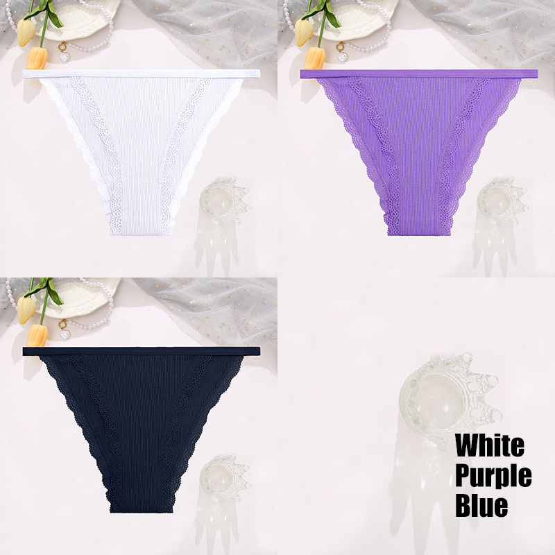 Finetoo 3 stks/set Sexy Kant Katoenen Slips Vrouwen Solid Comfortabele Slipje Vrouwelijke Zacht Ondergoed Ademend Intimates Lingerie: XL / Paars