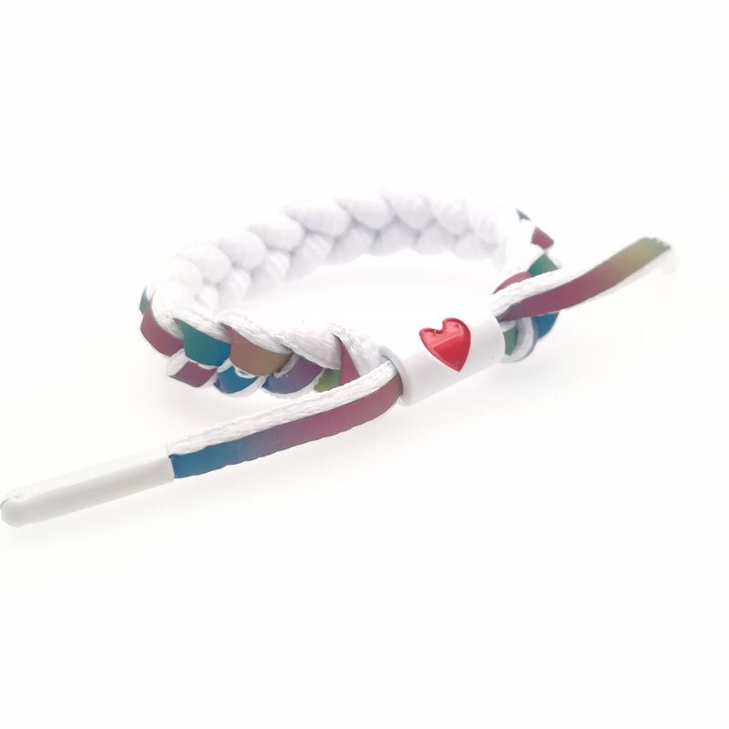 Holographic Reflective Peach Heart Bracelet Couple Color Changing Bracelet Man and Woman Students Safety Hand-Woven Bracelet: color-White