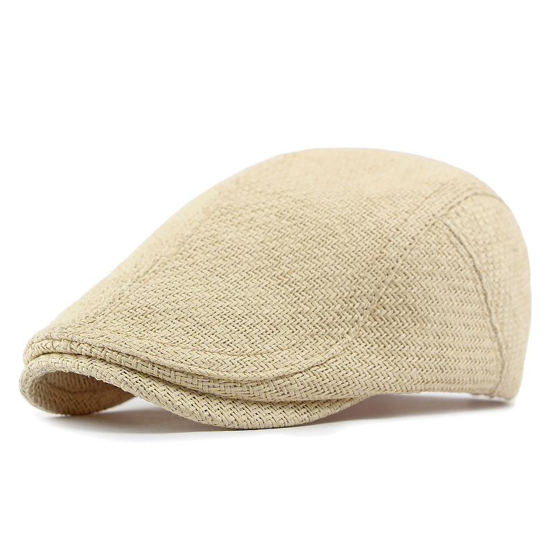 Boina Primavera Verano gorra de paja para el sol sombrero hombres mujeres transpirable boina plana gorra hombre mujer ajustable artista pintor boina sombrero: Beige