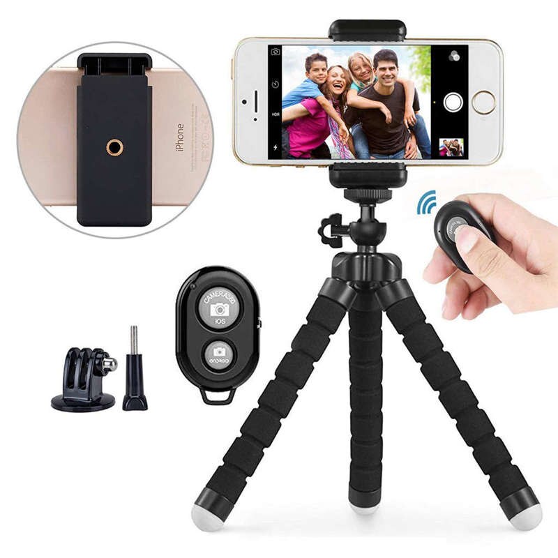 Tripé de telefone, suporte de câmera portátil e ajustável com controle remoto sem fio e clipe universal para iphone, telefone android, cam