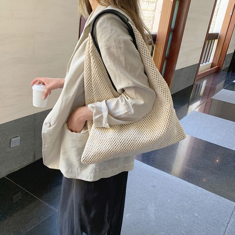 Bolso de hombro de gran capacidad para mujer, bolsa de playa de paja tejida, informal, para compras, de punto