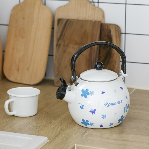 2L thick flat bottom whistle round belly enamel kettle kettle jug milk teapot home portable kitchen induction cooker universal: D