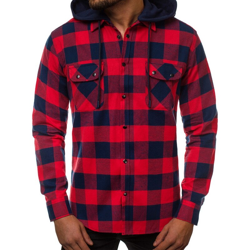 Puimentiua skjorta herr vårrutiga skjortor huva ytterkläder långärmad casual manlig chemise homme eu storlek: Röd / Eu storlek m