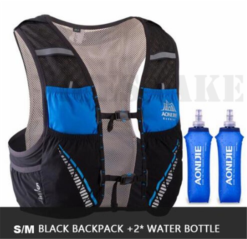Aonijie 5L Hydratatie Backpack Rugzak Tas Vest Marathon Fietsen Klimmen Water Rugzak Harnas Waterzak Loopwedstrijd: SM Black 2 bottle