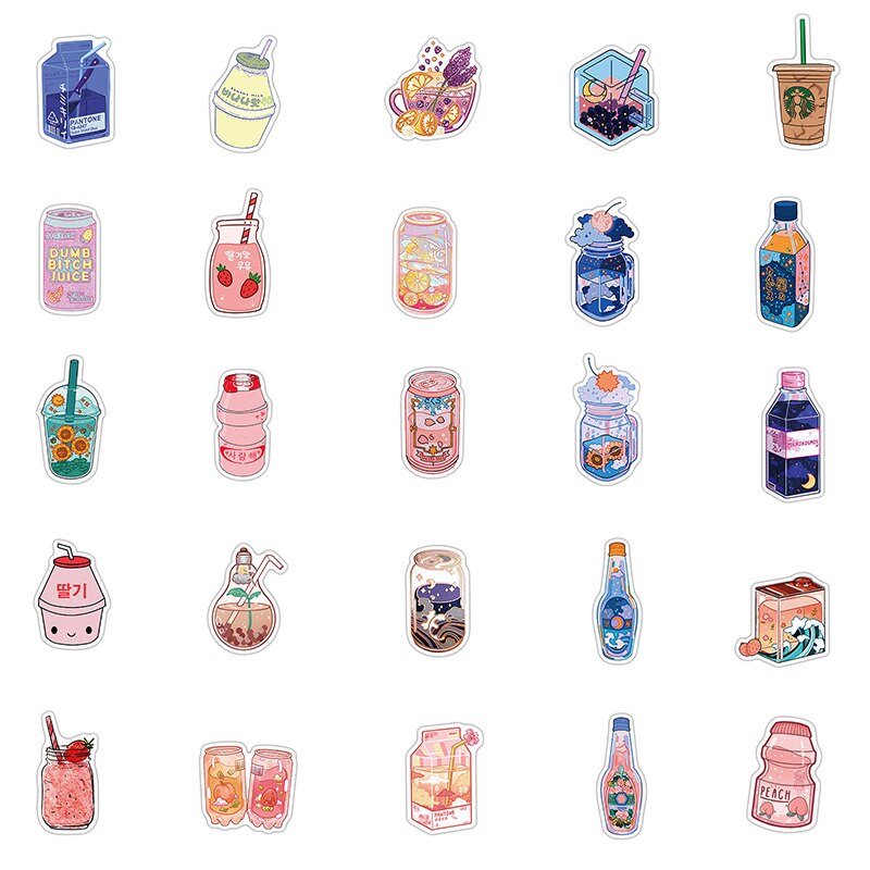 .50PCS Summer Cute Flavored Drink Stickers PVC Kawaii Cartoon Beverage Decal sticker For Girl DIY Laptop Stationery Water Bottle
