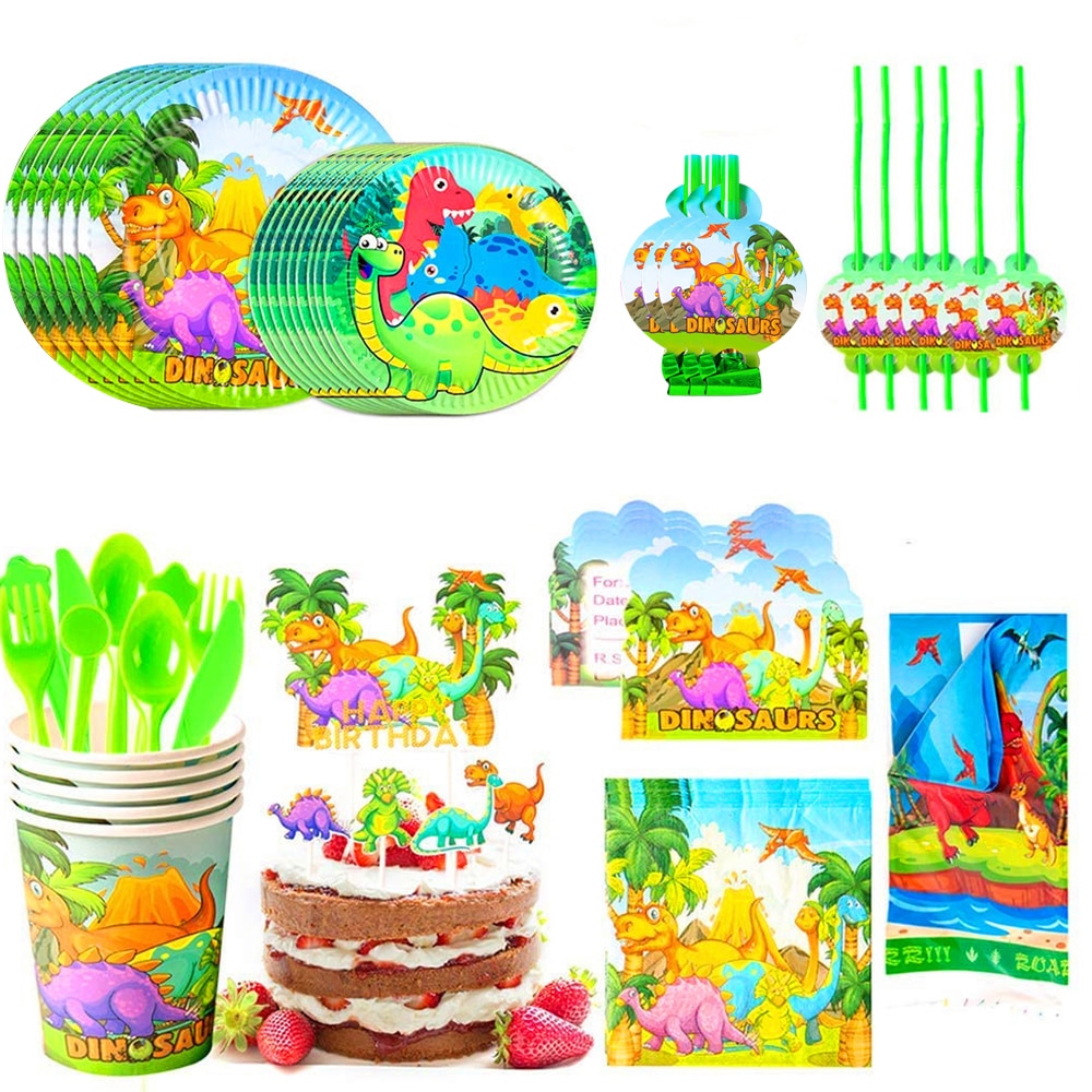 Dinosaur Party Supplies Disposable Tableware Set Paper Plates Napkins Straws Kids Birthday Decoration Baby Shower Boy