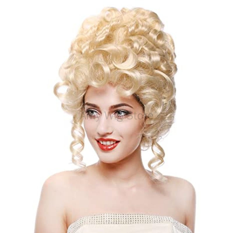 Parrucca Vintage retrò parrucca alta alveare bionda ricciolo crespo lungo per le donne regina Costume Cosplay partito capelli parrucca barocca del 18esimo secolo