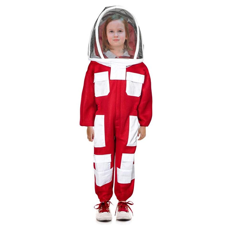 Children's Full-Body Ventilated Bee Suit-Cotton Red White Beekeeper Overalls with Automatic Veil Cover (120cm Height): Default Title