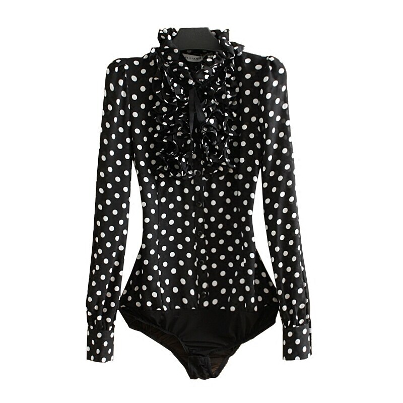 Body noir imprimé à pois pour femme, chemise à manches longues, à volants, style coréen, à la , barboteuse, haut,: L