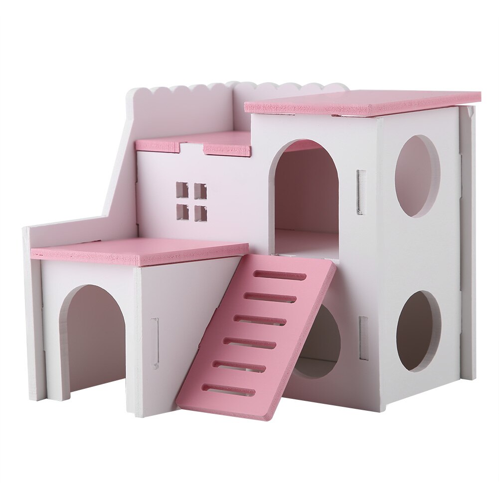 Lille kæledyr hamster legehus træmonteret villa kæledyrsbed bur hus pindsvin slot klatre legetøj (dobbelt lag værelse): Lyserød