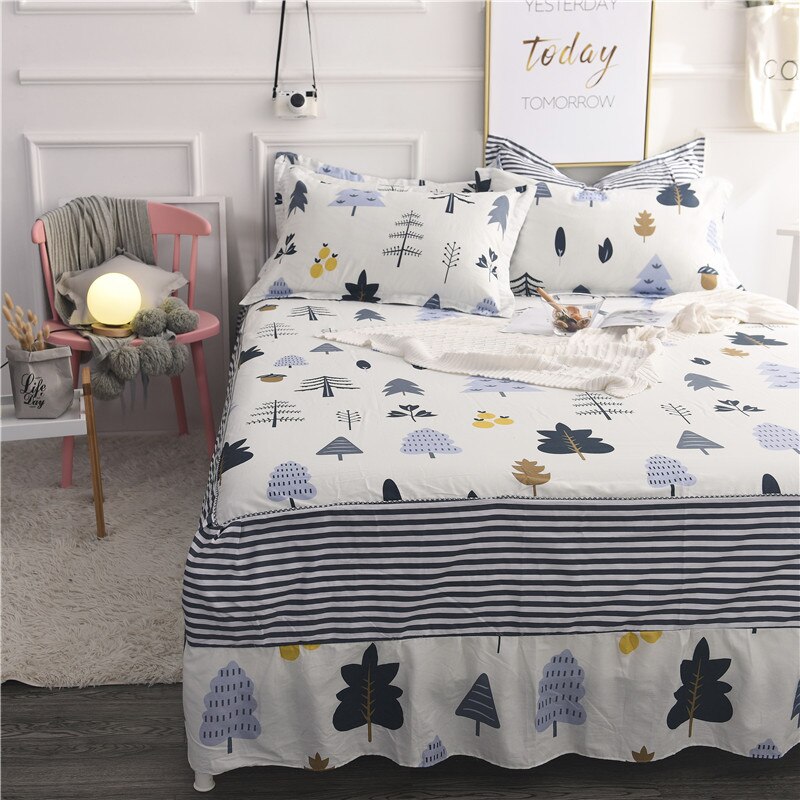 Witte streep Cartoon forest100 % katoen Bed rok Bloemen en vogels print sprei twin volledige koningin schattige postaral prinses stijl