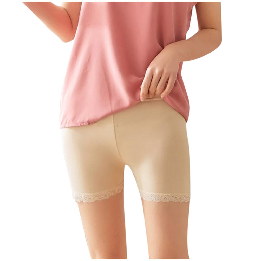 Women's Lace Chiffon Safe Underwear Solid Hollow Flesh Basic Pants All-match Solid Seamless Breathable Ladies Safety Short Pants: Beige / S