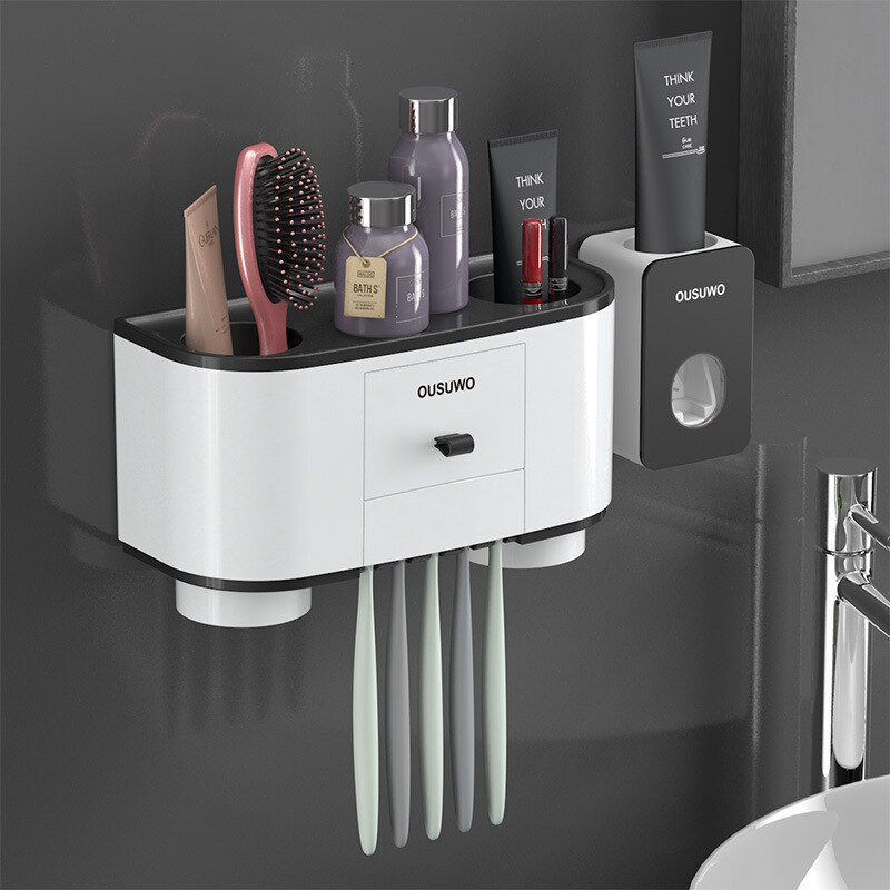 Spazzolino da denti titolare distributore Automatico di Dentifricio spremiagrumi per Il Bagno cremagliera Di Stoccaggio cremagliera di Montaggio A Parete Accessori per il Bagno impostato: B-Two cups nero