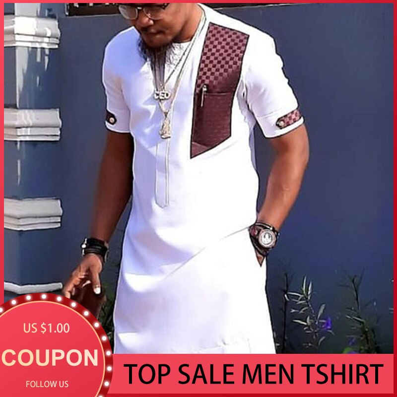 Men T-Shirt Short Sleeve Mid-Length Color Block Patchwork Summer African Undefined Top Oversize Young Male Tee Clothing