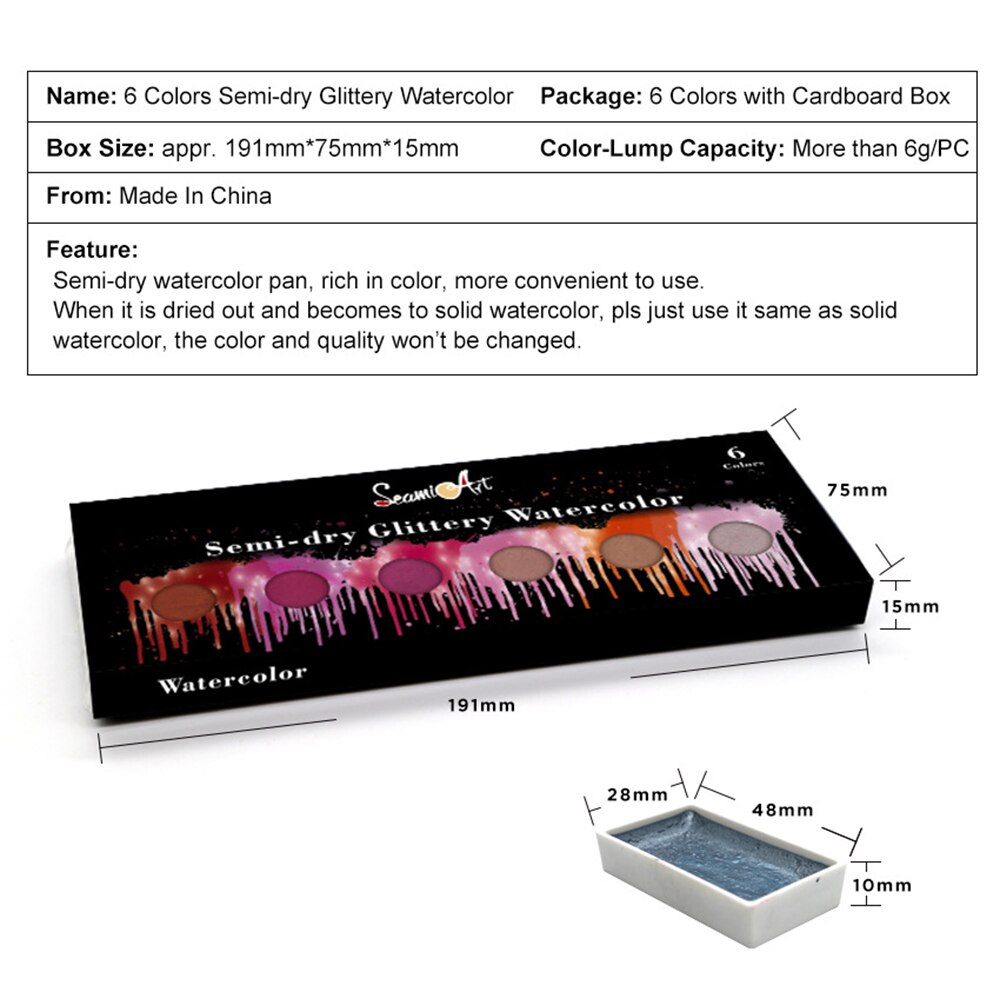 Professionele 6 Kleuren Solid Aquarel Verf Set Basic Neone Glitter Aquarel Verf Voor Tekenen Art Verf Levert