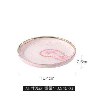 Marmorservise sett med glodkant keramisk middagsfat salat suppe ramen nudelskål liten tallerken skuff servise rosa: 7.5 tommers tallerken