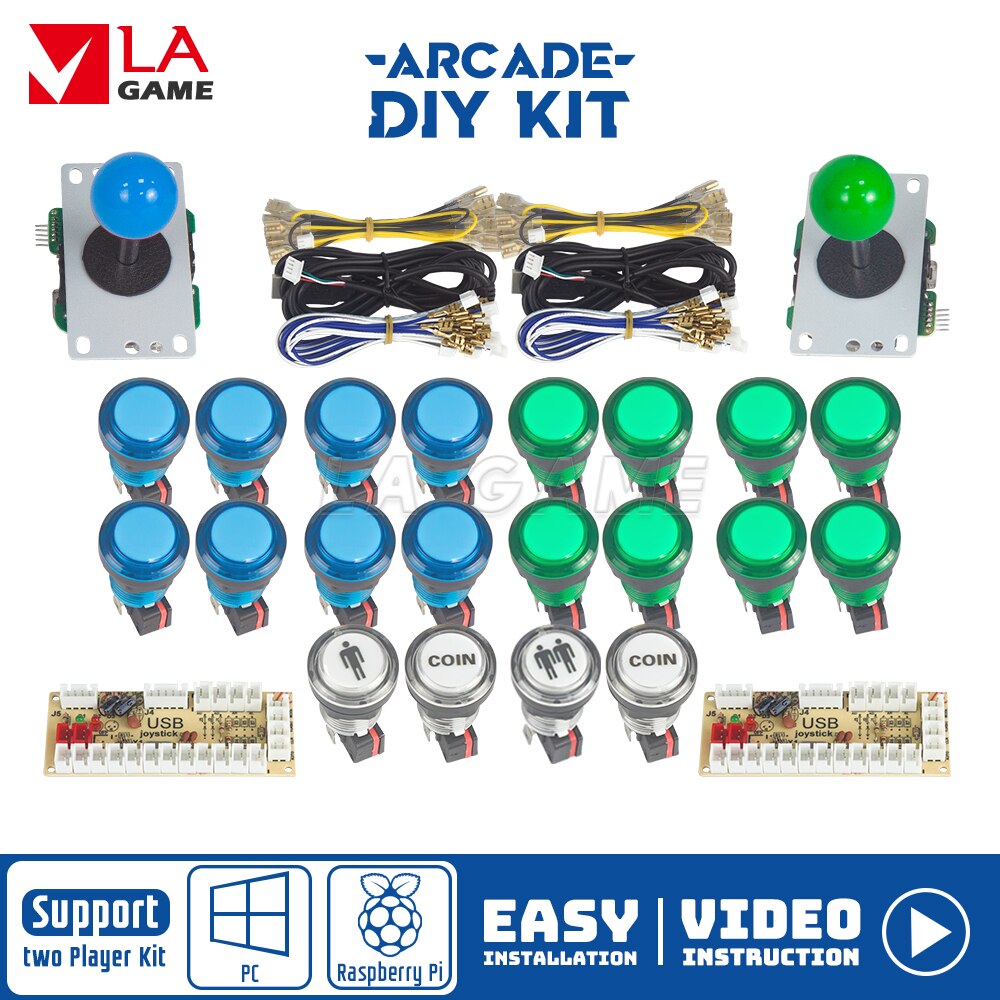 Kit Arcade 2 Speler Nul Vertraging Mando Arcade Usb Encoder Om Pc Rasberry Pi 33Mm Led Drukknop Joystick usb Arcade Kast: Blue and green