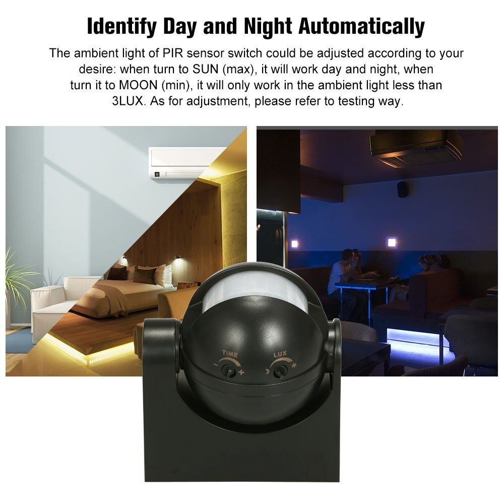 AC 110V-240V PIR Infrared Motion Sensor Switch 180 Degree Motion Detection Delay Time Adjustable Waterproof for Outdoor Indoor