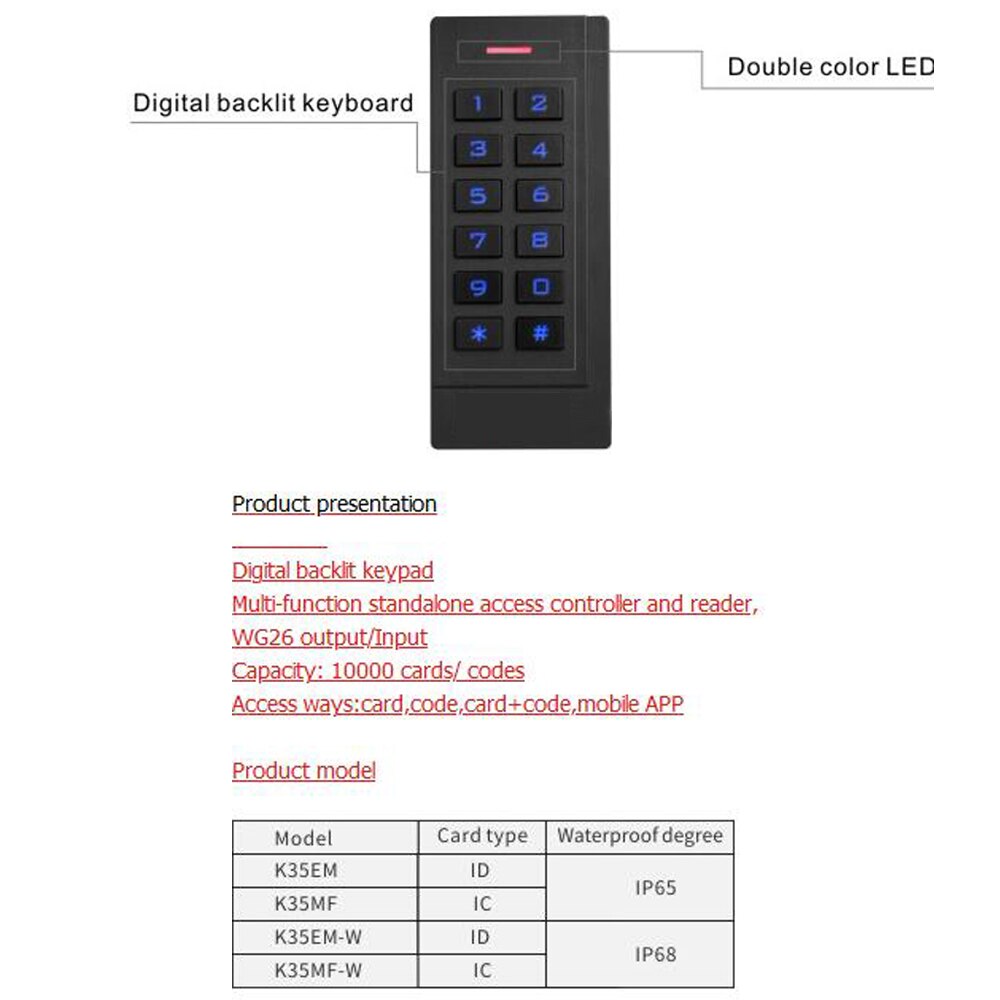 Waterproof Dual-frequency support 125KHZ RFID+13.56MHZ IC Card Keypad Standalone Access Controller WG26 out/in Door Lock System