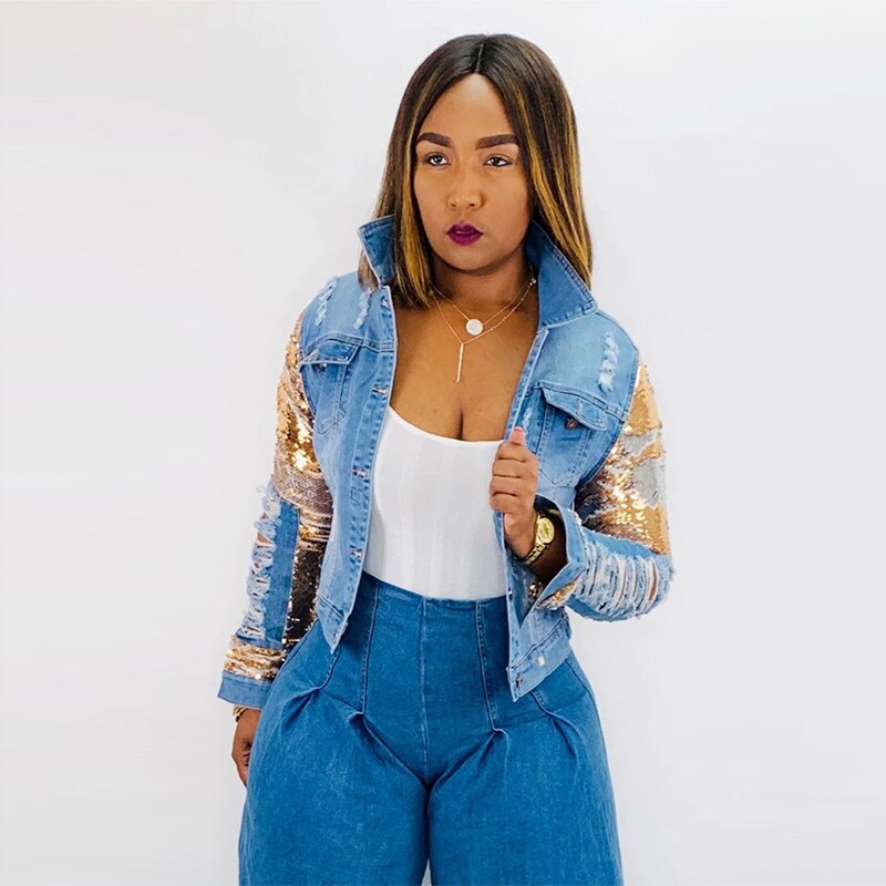 Gold Sequined Casual Denim Jacket Women Turn Down Collar Long Sleeve Washes Coat Autumn Winter Button Up Hole Short Outwear: M