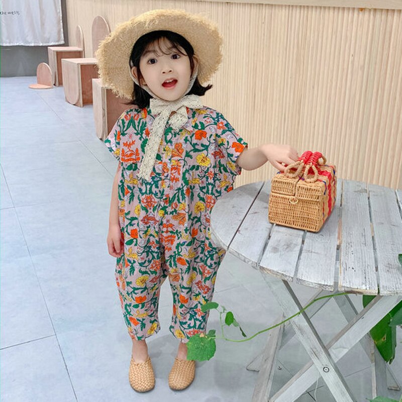Macacão infantil para verão, roupas florais para meninas, macacão casual japones e coreano para bebês e crianças 2020