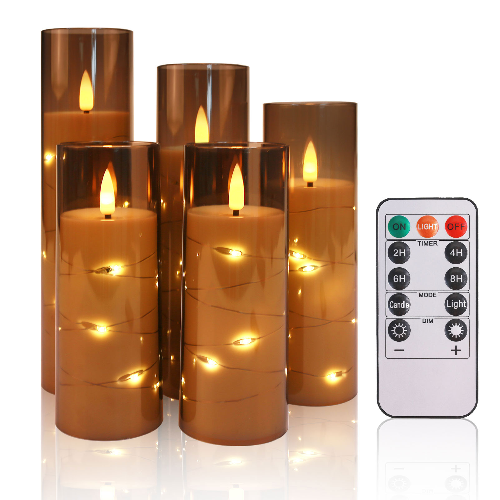 Ensemble de 5 bougies LED sans flamme avec guirlande lumineuse étoile intégrée, bougies pilier à piles avec minuterie à distance pour la décoration de la maison: CAMEL