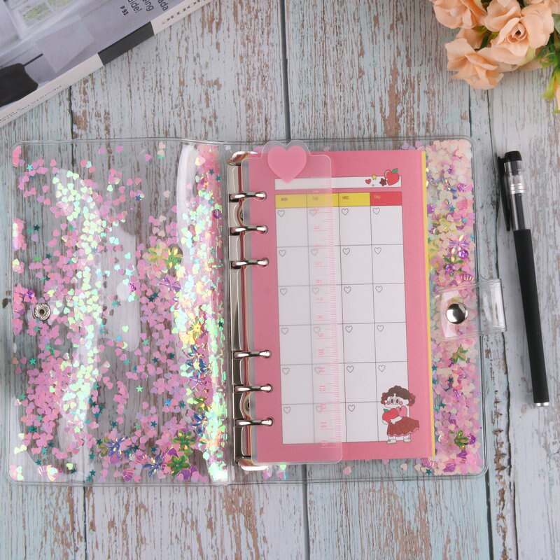 Cute Transparent PVC Glitter Sequins Notebook Cover Office School 6 Rings Binder Spiral Planner Agenda Organizer Notebooks A5/A6