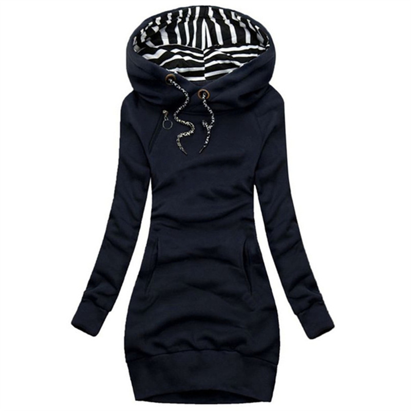 Hoodieklänning avslappnad enfärgad långärmad hoodieklänning med dragsko smal hoodieklänning med tröja: L / Djupblå
