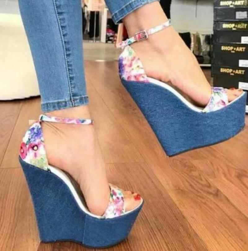 Womens Super High Wedge Platform Denim Jeans Heels Floral Printed Ankle Strap Sandals Shoes 16cm Pumps Roman Peep Toe B70