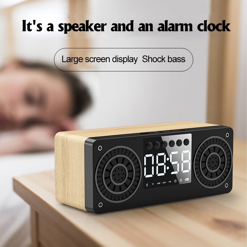 Houten Bluetooth Speaker Draagbare Draadloze Luidsprekers Bass Stereo Subwoofer Met Handsfree Tf Card Aux MP3 Fm Speler Wekker