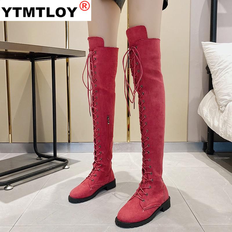 Bottines à bout rond pour femmes, talons hauts en caoutchouc et épais, chauds au dessus des genoux, printemps-automne, collection sans lacet