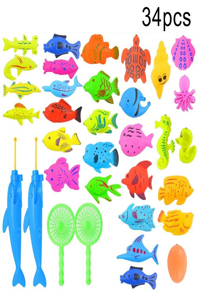 Magnetic Fishing Game Fish Model Kit Pretend Play Children Early Learning Toy 3D Fish Baby Bath Toys outdoor toy: 34pcs