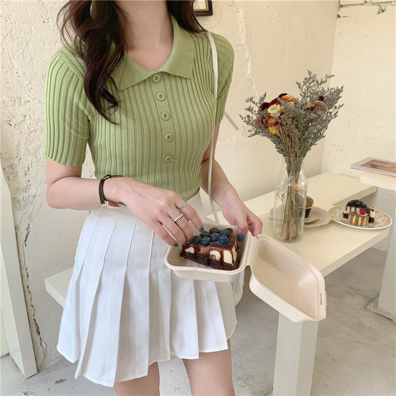 Women Polo Shirt Knit Women Shirts Ribbed Polo Shirt: Green