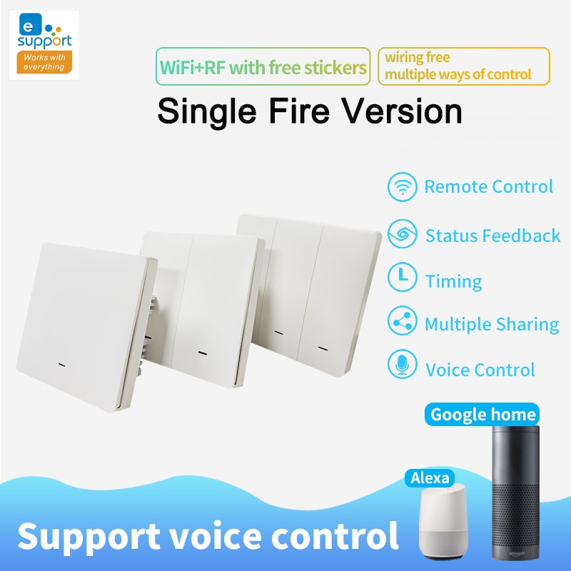 Ewelink Uk 1/2/3 Gang RF433mhz Wifi Smart Single Fire Wire Muur Lichtschakelaar Afstandsbediening Geen neutrale Lijn Schakelaar App Controle