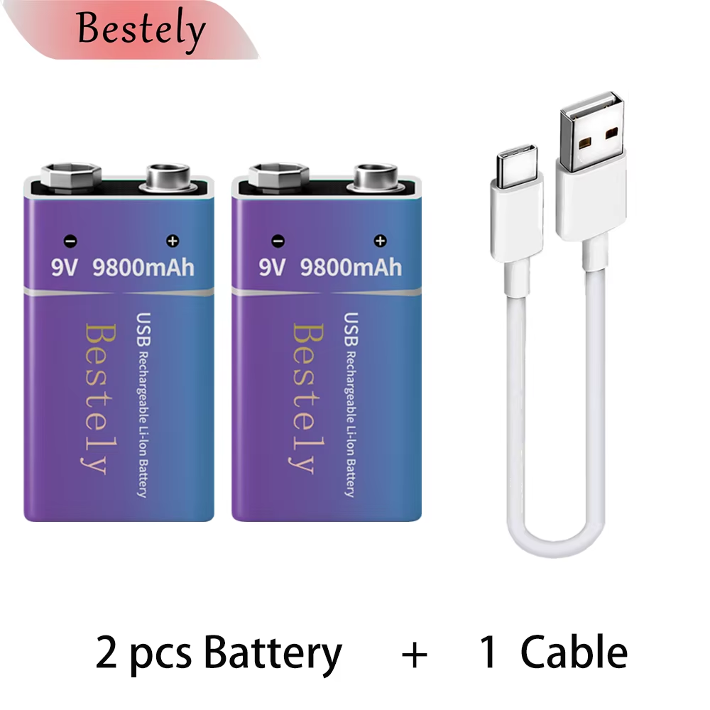 9V oplaadbare lithiumbatterij, 9800mAh langdurige 9v Li-ionbatterijen met kabel, voor rookmelder, alarmen, microfoon: Paars