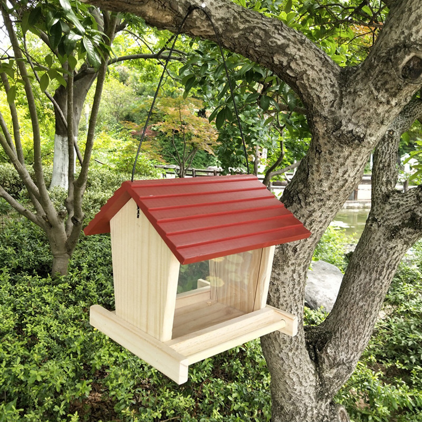 Wooden Bird Feeder Courtyard Villa Balcony Hanging Rainproof Bird Feeder Birds Food Supplie Container Appliance House Type Feed