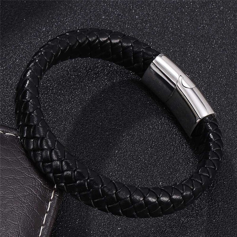 Punk gevlochten leren armband voor heren, handgemaakt in zilverkleur, roestvrij staal, armband met magnetische sluiting, herensieraden