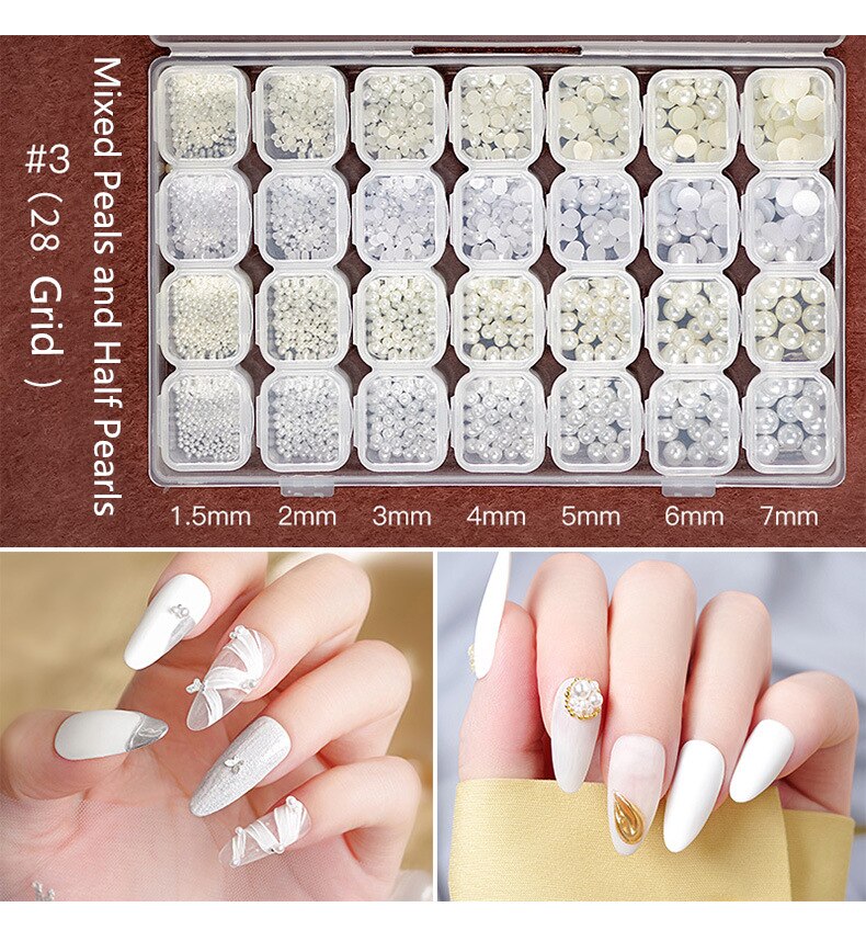 28 rutnät/uppsättning naglar glitter halv pärla nit nitar legering set för 3d pärlor diy hem nagelkonst dekoration smycken pärla leverantör: 003
