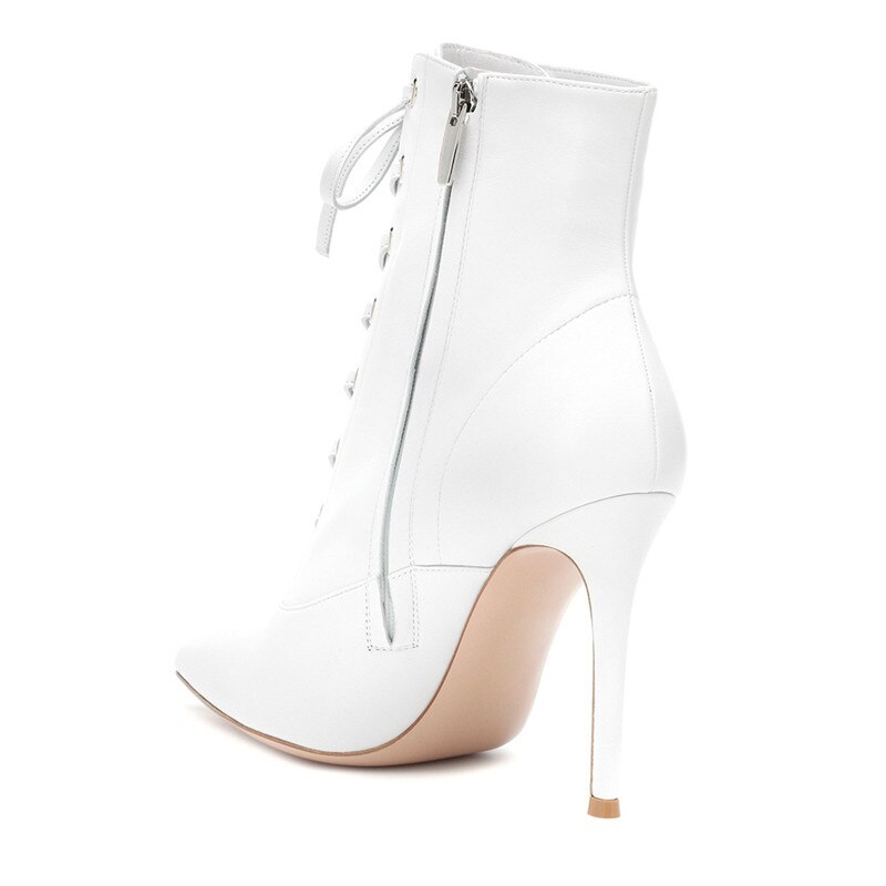 Ladies High Heeled Boots Lace Up Leather Boots Pointed Toe Ankle Boots Zipper Closure