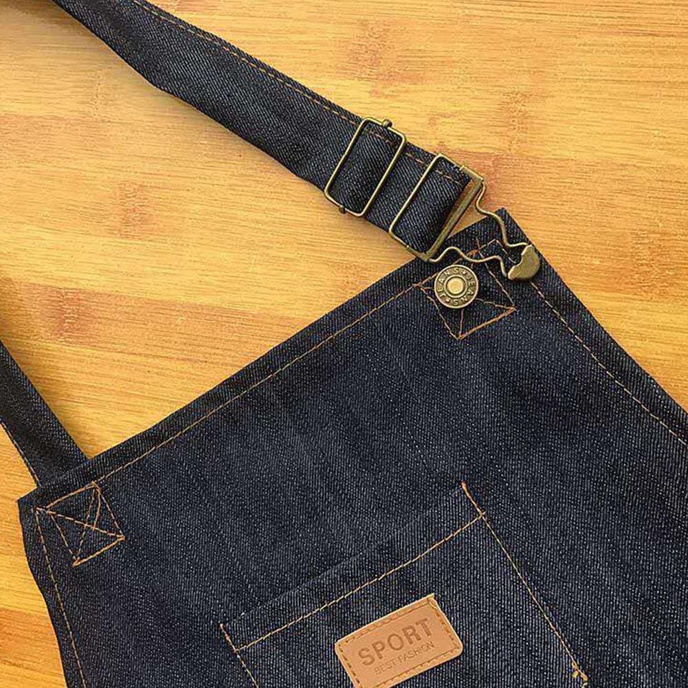 Voksenforkle, justerbart denimforkle for husholdning med lommetilbehør for kvinner, mørkeblå