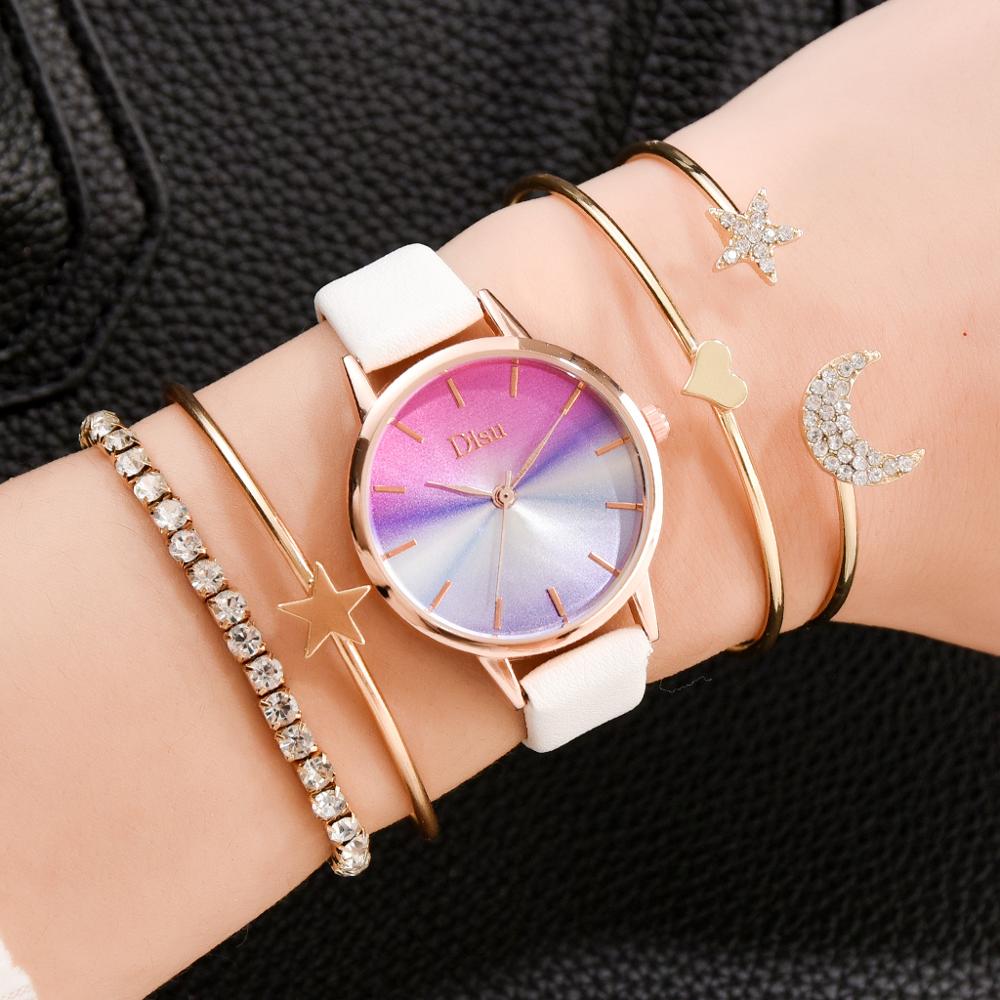5 stk kvinder læder ure sæt gradient skive quartz ur dame armbåndsur luksus star armbåndsur