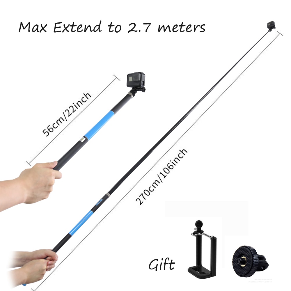 Palo Selfie de 106 "para cámara GoPro Hero 6, 5, 4, 3 sesiones, Xiaomi YI, 4K, SJCAM, EKEN, de fibra de carbono, extensible y portátil