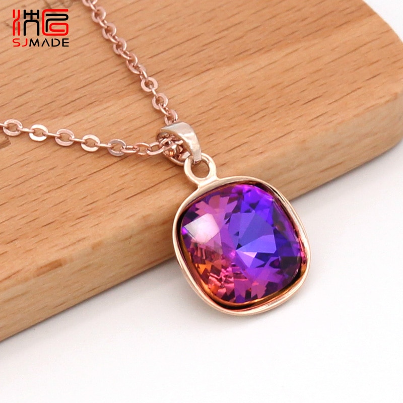 SJMADE Trendy Classic Square Crystal Pendant necklace 585 Rose Gold White Gold For Women Girls Wedding Party Jewelry