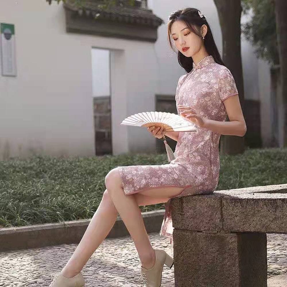 De talla grande 2XL Rosa dividida vestidos Cheongsam moderno largo mujer de seda de estilo chino Qipao vestido ropa tradicional