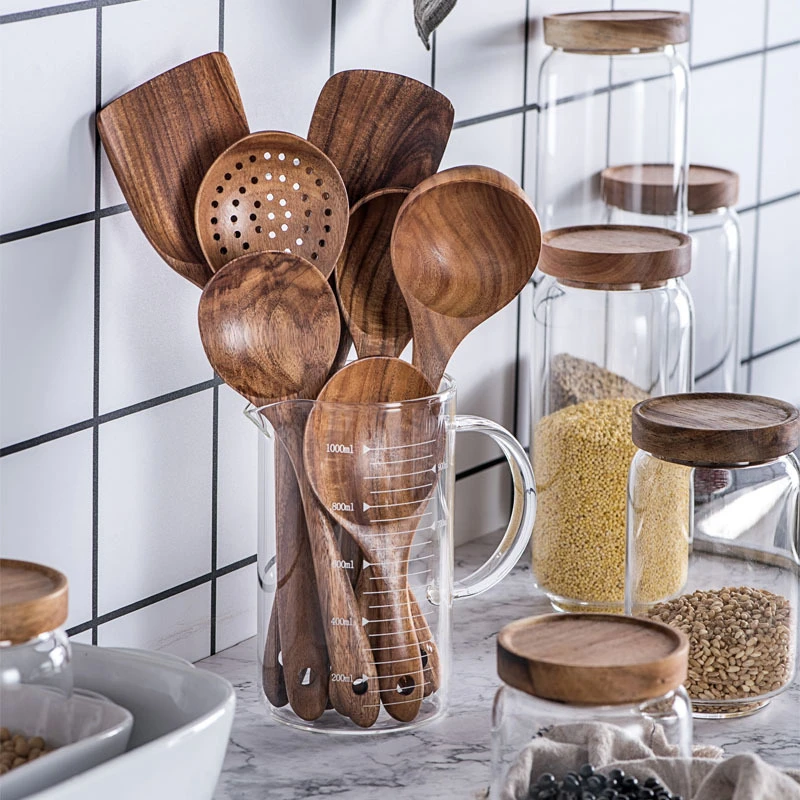 7 Stks/set Teak Natuurlijke Houten Servies Lepel Pollepel Turner Rijst Vergiet Soep Skimmer Koken Lepel Scoop Keuken Herbruikbare Tool Kit