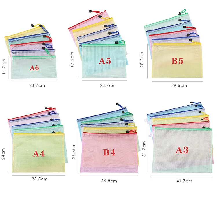 PVC Stationery Storage Bag Folder File Mesh Zipper Pouch A4 A5 A6 B4 B5 A3 B4 Document Bag File Folders School Office Supplies