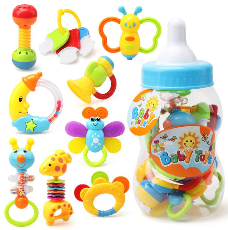 9 teile/satz Baby Rasseln BeißRing, Ball Shaker, Greifen und Dreh Rassel, beißRing Spielzeug Spielen einstellen für Baby Kleinkind Ungiftig Bunte tapsen