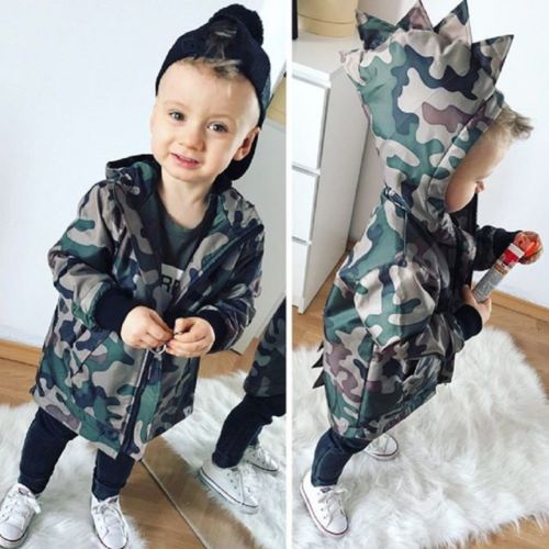 Efterår afslappet toddler kid baby dreng camouflage dinosaur lynlås bomuld frakke toppe langærmet hætteklædte outwear